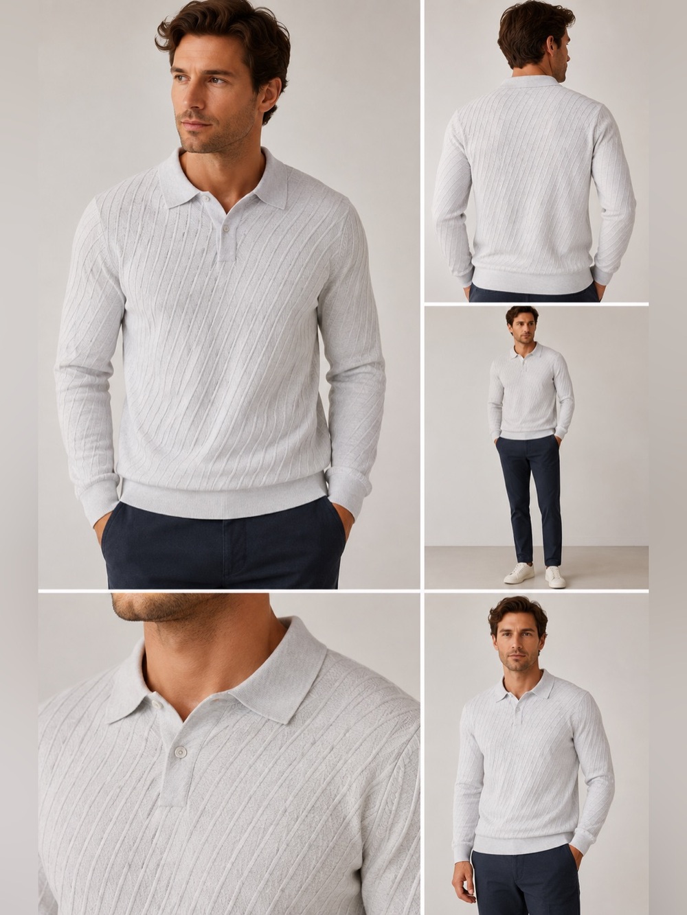 Christian Lacroix Men’s Large Gray Textured Knit Long Sleeve Polo Sweater NWT